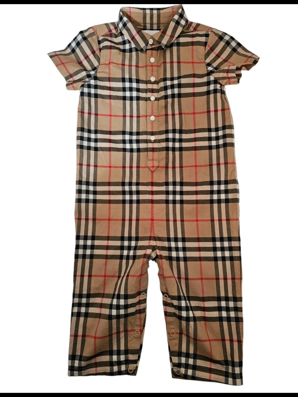 Burberry Tan Plaid Short-Sleeve One-Piece Romper
